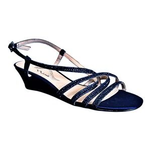 Nina Wedge Sandals 6 Navy Blue Glitter Rhinestone Strappy Prom Formal Wedding